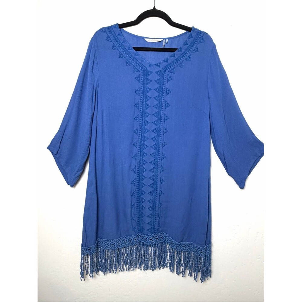 Soft Surroundings Blue Embroidered Fringe Boho Tunic Size Medium